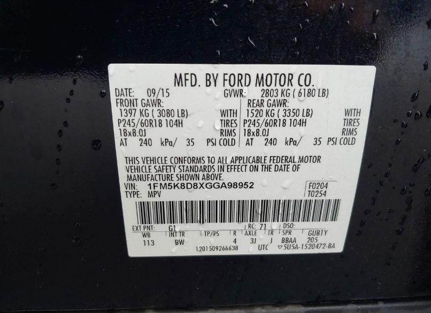 Photo 9 of 2016 Ford Explorer XLT (VIN 1FM5K8D8XGGA98952)