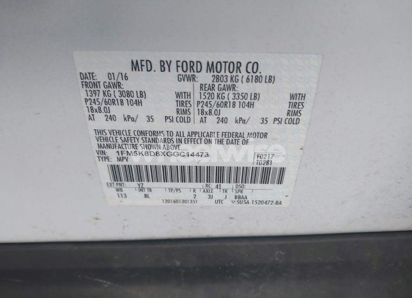 Photo 9 of 2016 Ford Explorer XLT (VIN 1FM5K8D8XGGC14473)