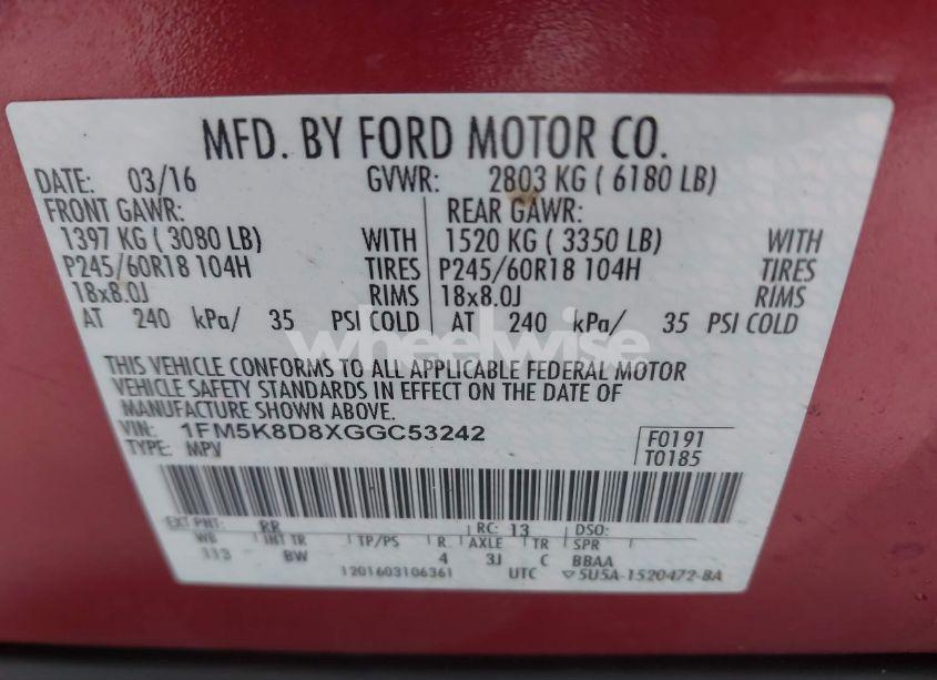 Photo 9 of 2016 Ford Explorer XLT (VIN 1FM5K8D8XGGC53242)