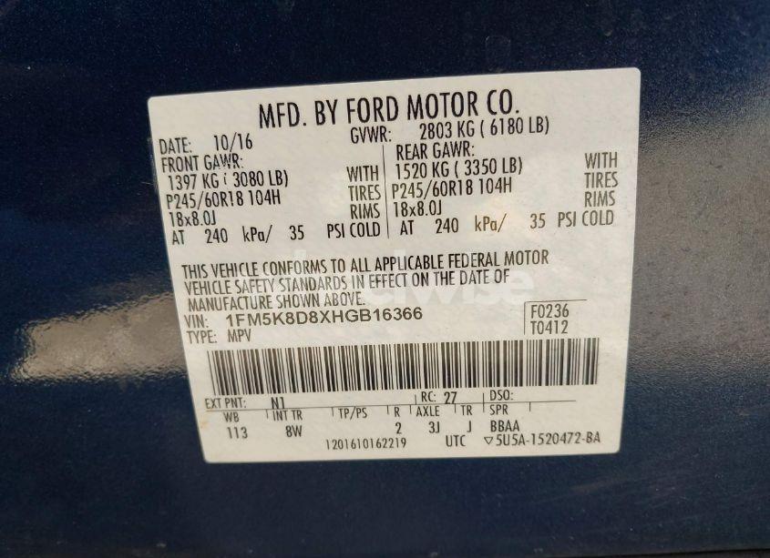 Photo 9 of 2017 Ford Explorer XLT (VIN 1FM5K8D8XHGB16366)