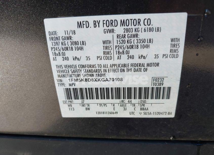 Photo 9 of 2019 Ford Explorer XLT (VIN 1FM5K8D8XKGA70108)