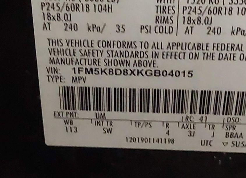 Photo 9 of 2019 Ford Explorer XLT (VIN 1FM5K8D8XKGB04015)