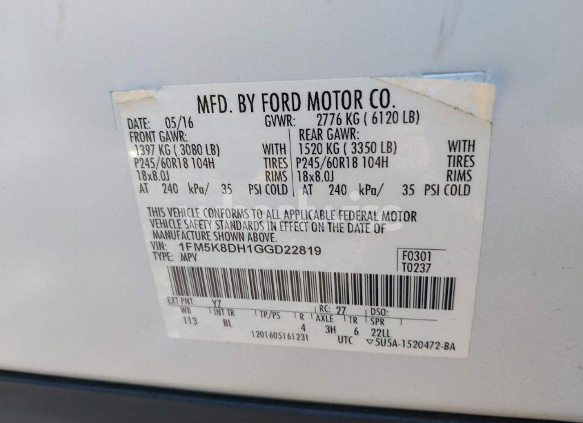 Photo 9 of 2016 Ford Explorer XLT (VIN 1FM5K8DH1GGD22819)