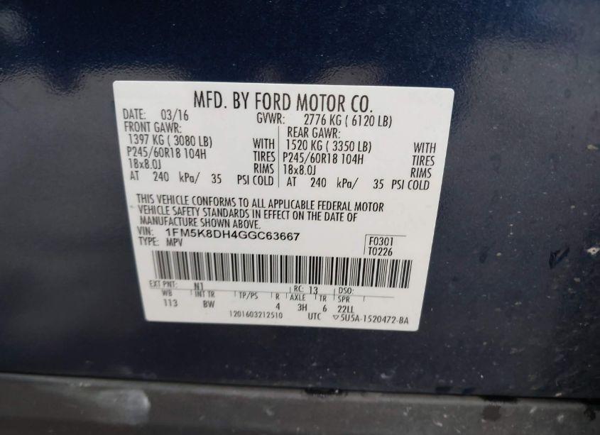 Photo 9 of 2016 Ford Explorer XLT (VIN 1FM5K8DH4GGC63667)