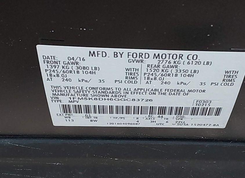 Photo 9 of 2016 Ford Explorer XLT (VIN 1FM5K8DH6GGC83726)