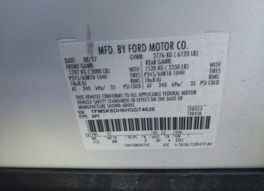 Photo 9 of 2017 Ford Explorer XLT (VIN 1FM5K8DH6HGD74626)