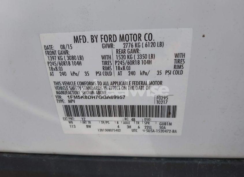 Photo 9 of 2016 Ford Explorer XLT (VIN 1FM5K8DH7GGA69957)