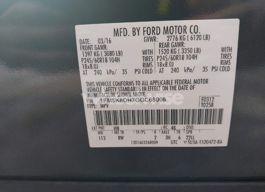 Photo 9 of 2016 Ford Explorer XLT (VIN 1FM5K8DH7GGC68006)