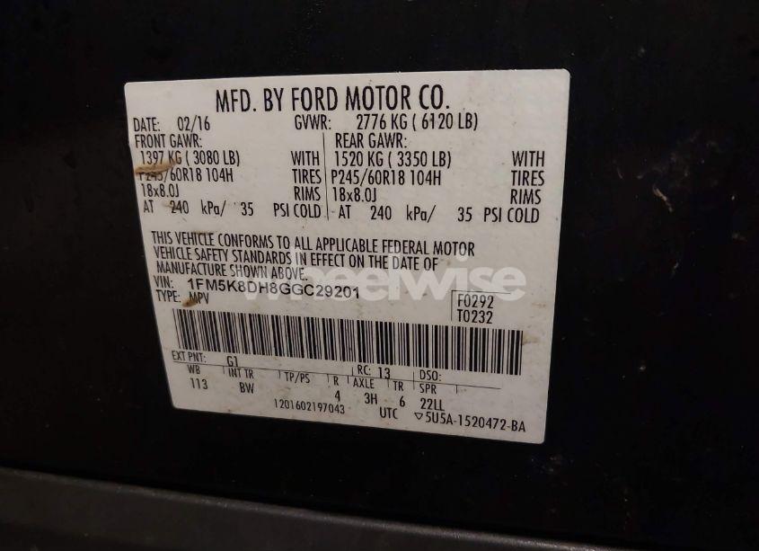 Photo 9 of 2016 Ford Explorer XLT (VIN 1FM5K8DH8GGC29201)