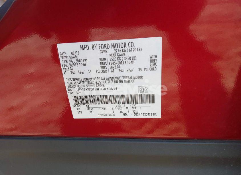 Photo 9 of 2017 Ford Explorer XLT (VIN 1FM5K8DH8HGA19814)