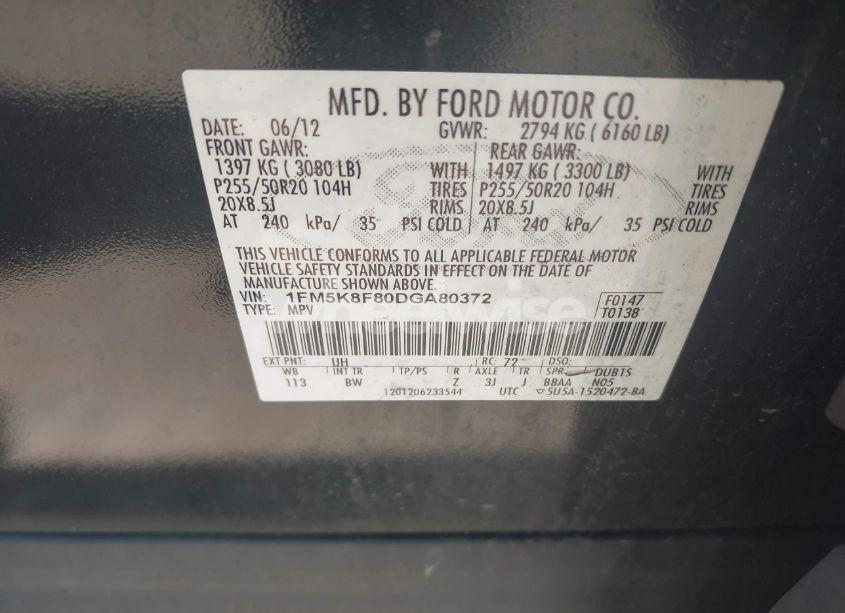 Photo 9 of 2013 Ford Explorer LIMITED (VIN 1FM5K8F80DGA80372)