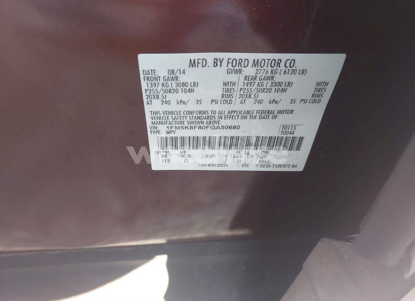 Photo 9 of 2015 Ford Explorer LIMITED (VIN 1FM5K8F80FGA50680)