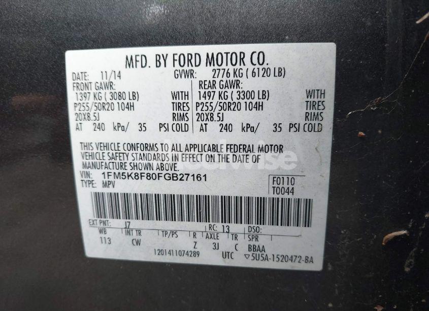 Photo 9 of 2015 Ford Explorer LIMITED (VIN 1FM5K8F80FGB27161)