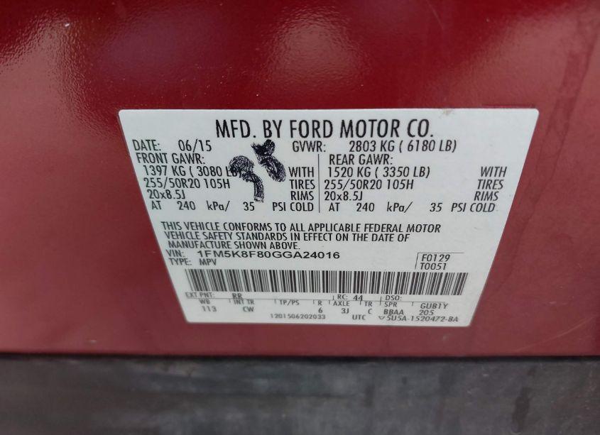 Photo 9 of 2016 Ford Explorer LIMITED (VIN 1FM5K8F80GGA24016)