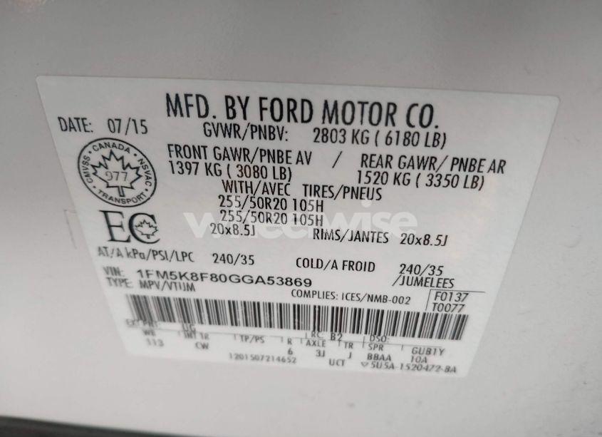 Photo 9 of 2016 Ford Explorer LIMITED (VIN 1FM5K8F80GGA53869)