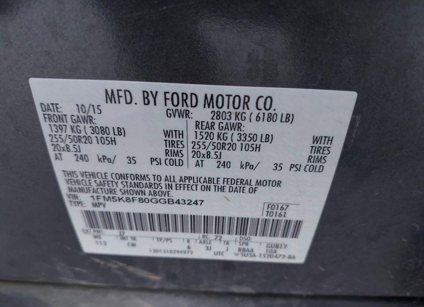 Photo 9 of 2016 Ford Explorer LIMITED (VIN 1FM5K8F80GGB43247)