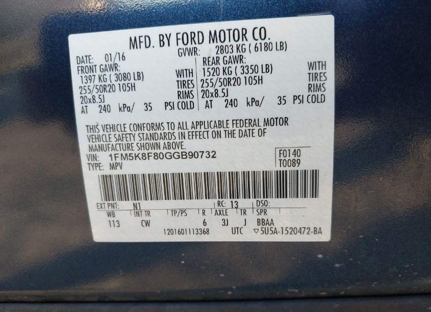 Photo 9 of 2016 Ford Explorer LIMITED (VIN 1FM5K8F80GGB90732)