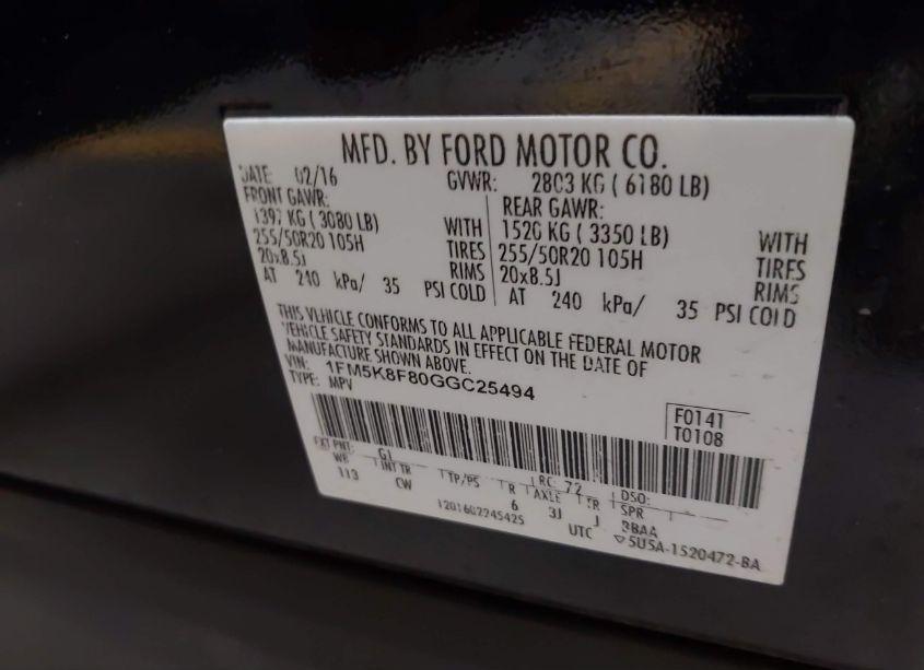 Photo 9 of 2016 Ford Explorer LIMITED (VIN 1FM5K8F80GGC25494)