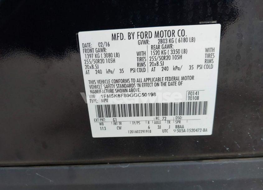 Photo 9 of 2016 Ford Explorer LIMITED (VIN 1FM5K8F80GGC50198)