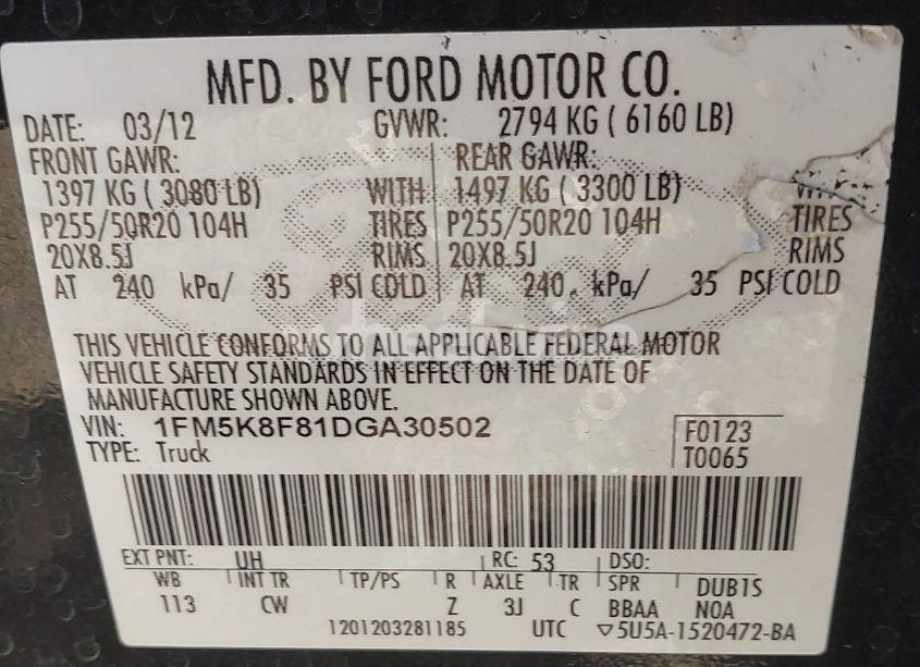 Photo 9 of 2013 Ford Explorer LIMITED (VIN 1FM5K8F81DGA30502)