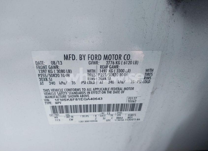 Photo 9 of 2014 Ford Explorer LIMITED (VIN 1FM5K8F81EGA40643)