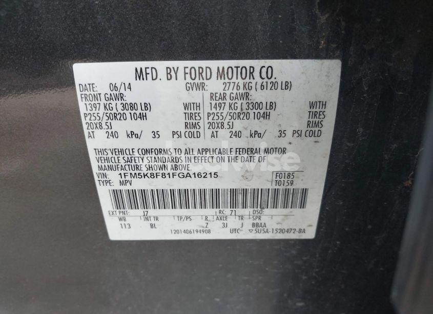 Photo 9 of 2015 Ford Explorer LIMITED (VIN 1FM5K8F81FGA16215)