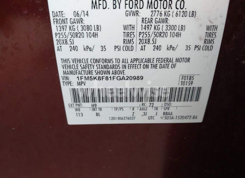 Photo 9 of 2015 Ford Explorer LIMITED (VIN 1FM5K8F81FGA20989)