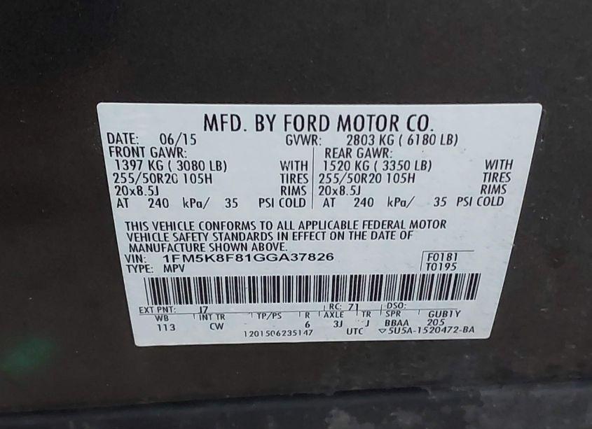 Photo 9 of 2016 Ford Explorer LIMITED (VIN 1FM5K8F81GGA37826)