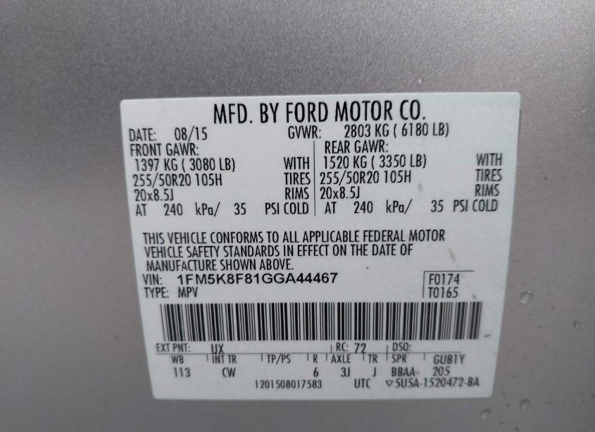 Photo 9 of 2016 Ford Explorer LIMITED (VIN 1FM5K8F81GGA44467)