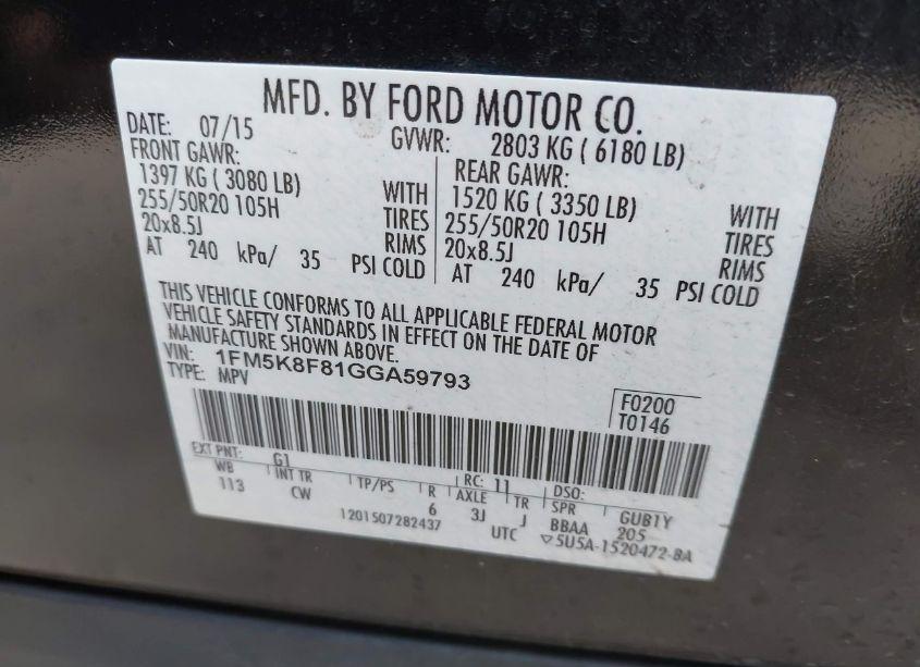 Photo 9 of 2016 Ford Explorer LIMITED (VIN 1FM5K8F81GGA59793)