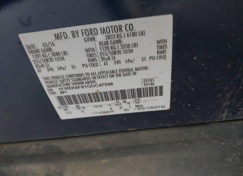 Photo 9 of 2016 Ford Explorer LIMITED (VIN 1FM5K8F81GGC47598)