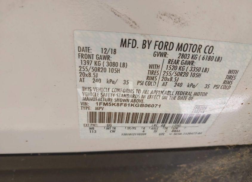 Photo 9 of 2019 Ford Explorer LIMITED (VIN 1FM5K8F81KGB06071)