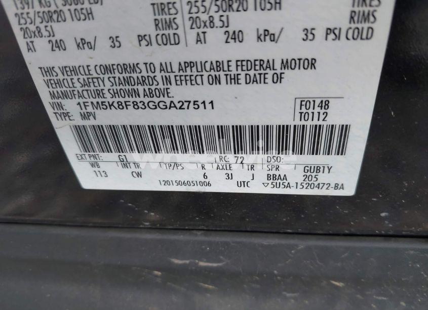 Photo 9 of 2016 Ford Explorer LIMITED (VIN 1FM5K8F83GGA27511)