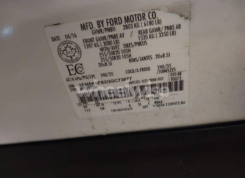 Photo 9 of 2016 Ford Explorer LIMITED (VIN 1FM5K8F83GGC73877)