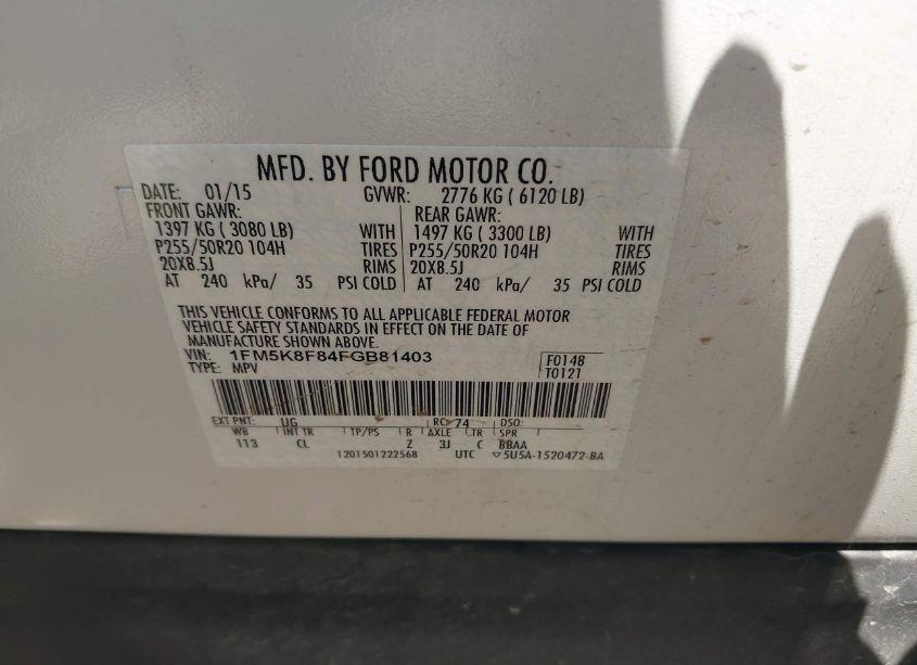 Photo 9 of 2015 Ford Explorer LIMITED (VIN 1FM5K8F84FGB81403)