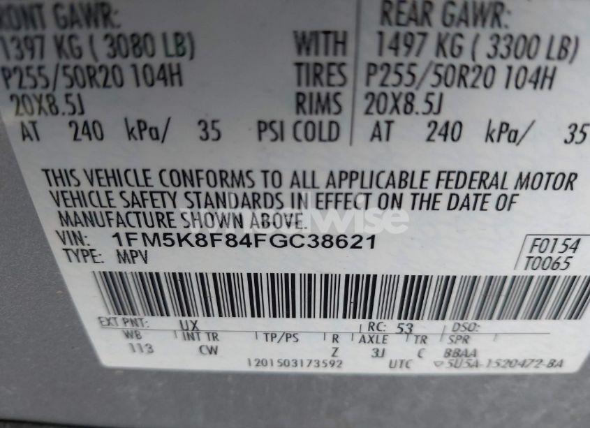 Photo 9 of 2015 Ford Explorer LIMITED (VIN 1FM5K8F84FGC38621)