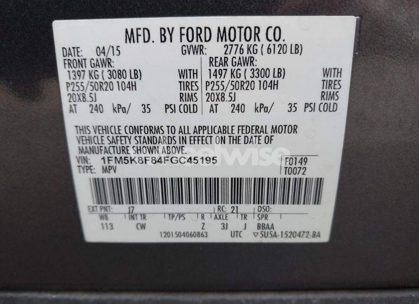 Photo 9 of 2015 Ford Explorer LIMITED (VIN 1FM5K8F84FGC45195)