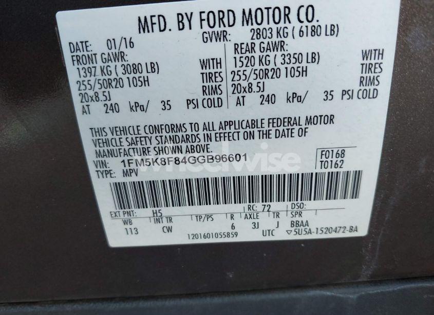 Photo 9 of 2016 Ford Explorer LIMITED (VIN 1FM5K8F84GGB96601)