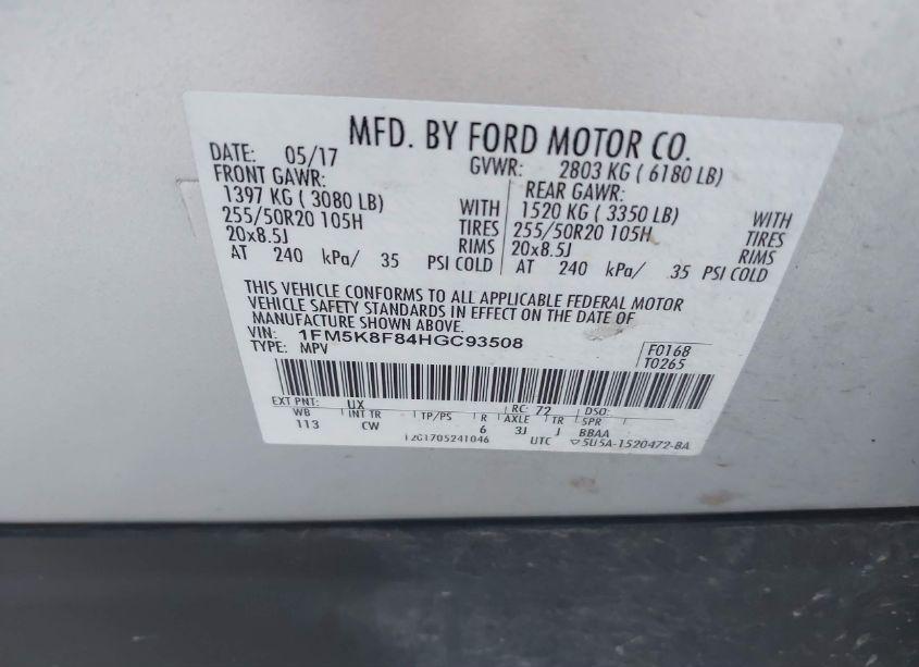 Photo 9 of 2017 Ford Explorer LIMITED (VIN 1FM5K8F84HGC93508)