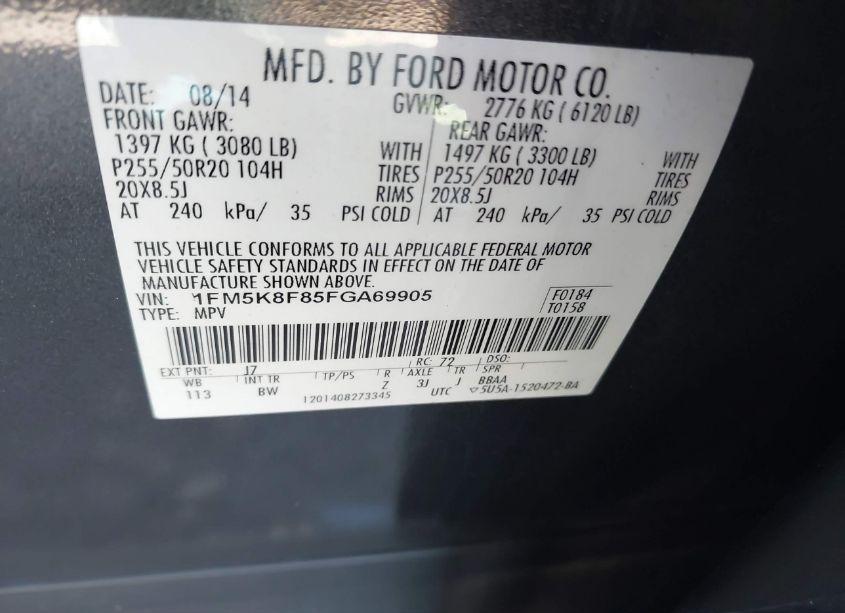 Photo 9 of 2015 Ford Explorer LIMITED (VIN 1FM5K8F85FGA69905)