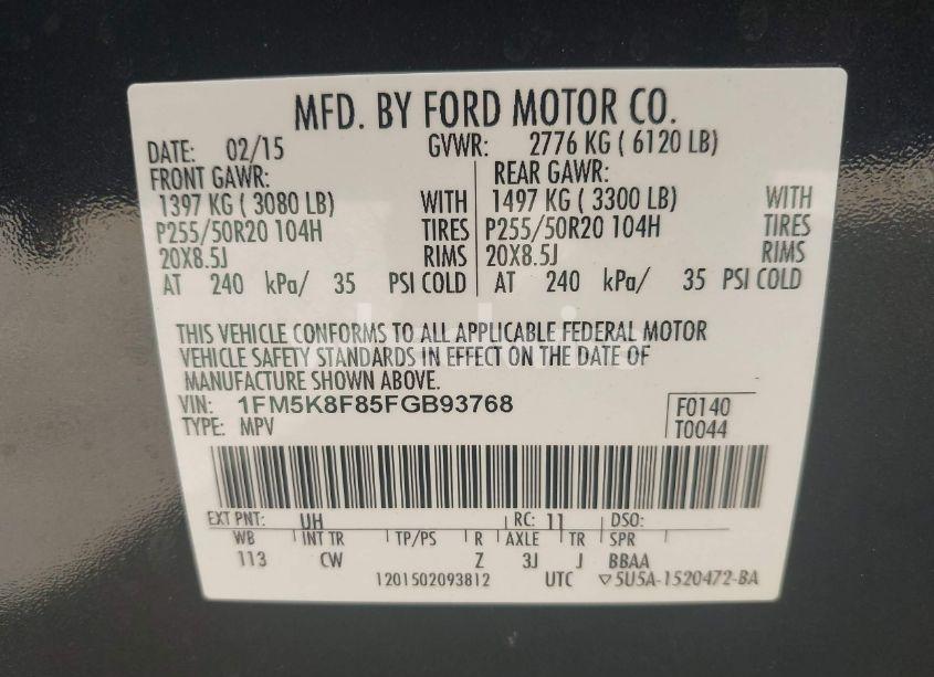 Photo 9 of 2015 Ford Explorer LIMITED (VIN 1FM5K8F85FGB93768)