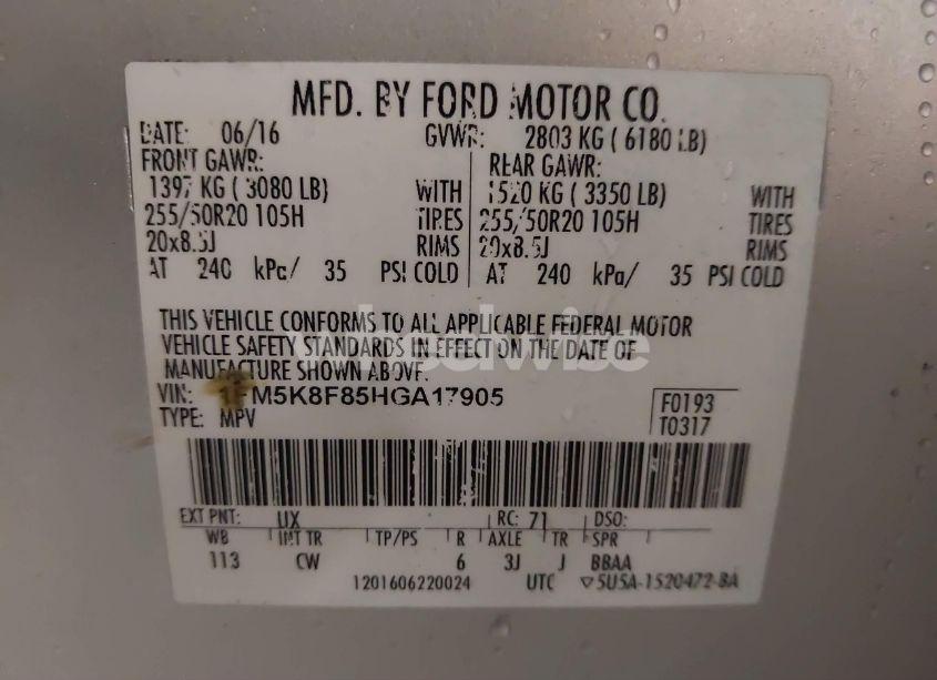 Photo 9 of 2017 Ford Explorer LIMITED (VIN 1FM5K8F85HGA17905)