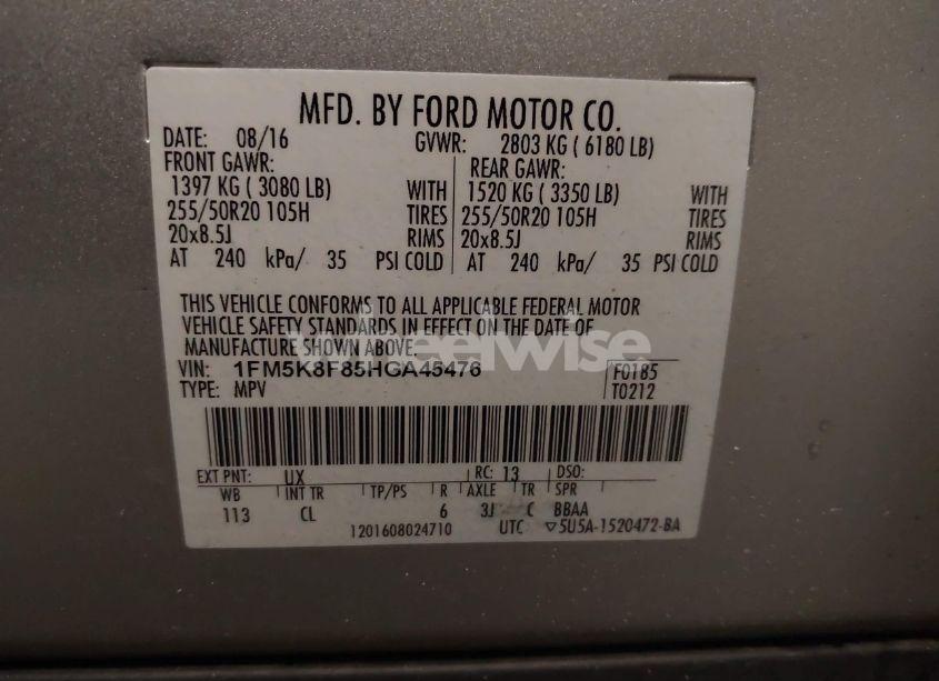 Photo 9 of 2017 Ford Explorer LIMITED (VIN 1FM5K8F85HGA45476)