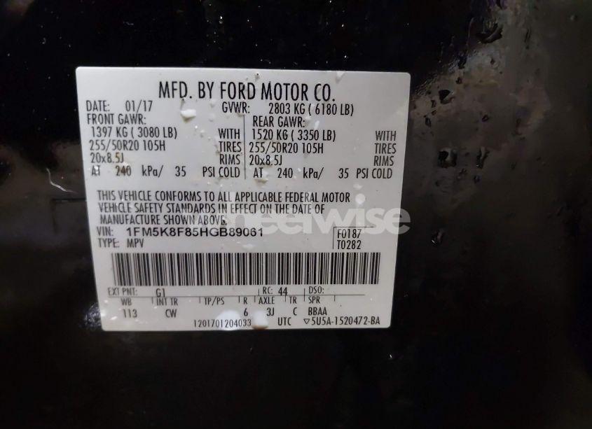 Photo 9 of 2017 Ford Explorer LIMITED (VIN 1FM5K8F85HGB89061)