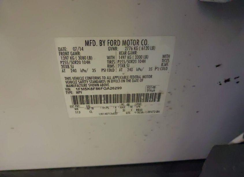 Photo 9 of 2015 Ford Explorer LIMITED (VIN 1FM5K8F86FGA26299)