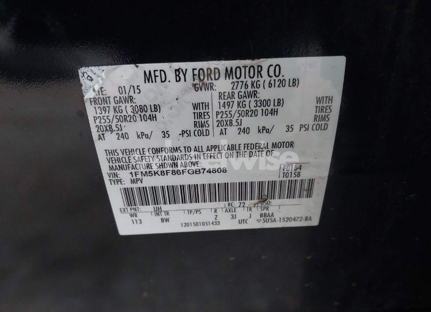 Photo 9 of 2015 Ford Explorer LIMITED (VIN 1FM5K8F86FGB74808)