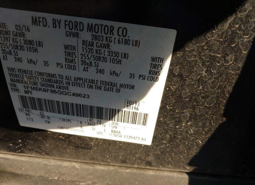 Photo 9 of 2016 Ford Explorer LIMITED (VIN 1FM5K8F86GGC49623)