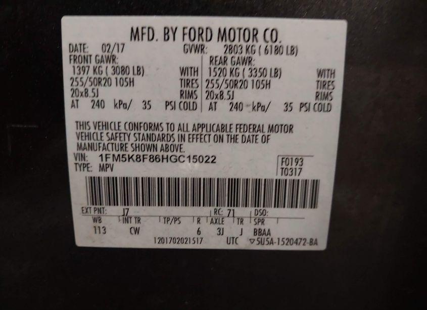 Photo 9 of 2017 Ford Explorer LIMITED (VIN 1FM5K8F86HGC15022)