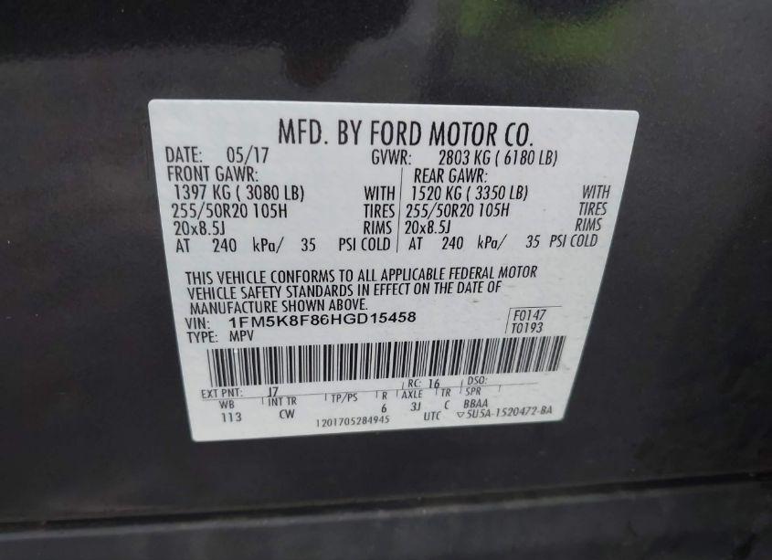 Photo 9 of 2017 Ford Explorer LIMITED (VIN 1FM5K8F86HGD15458)