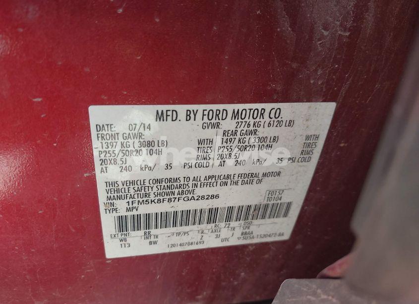 Photo 9 of 2015 Ford Explorer LIMITED (VIN 1FM5K8F87FGA28286)